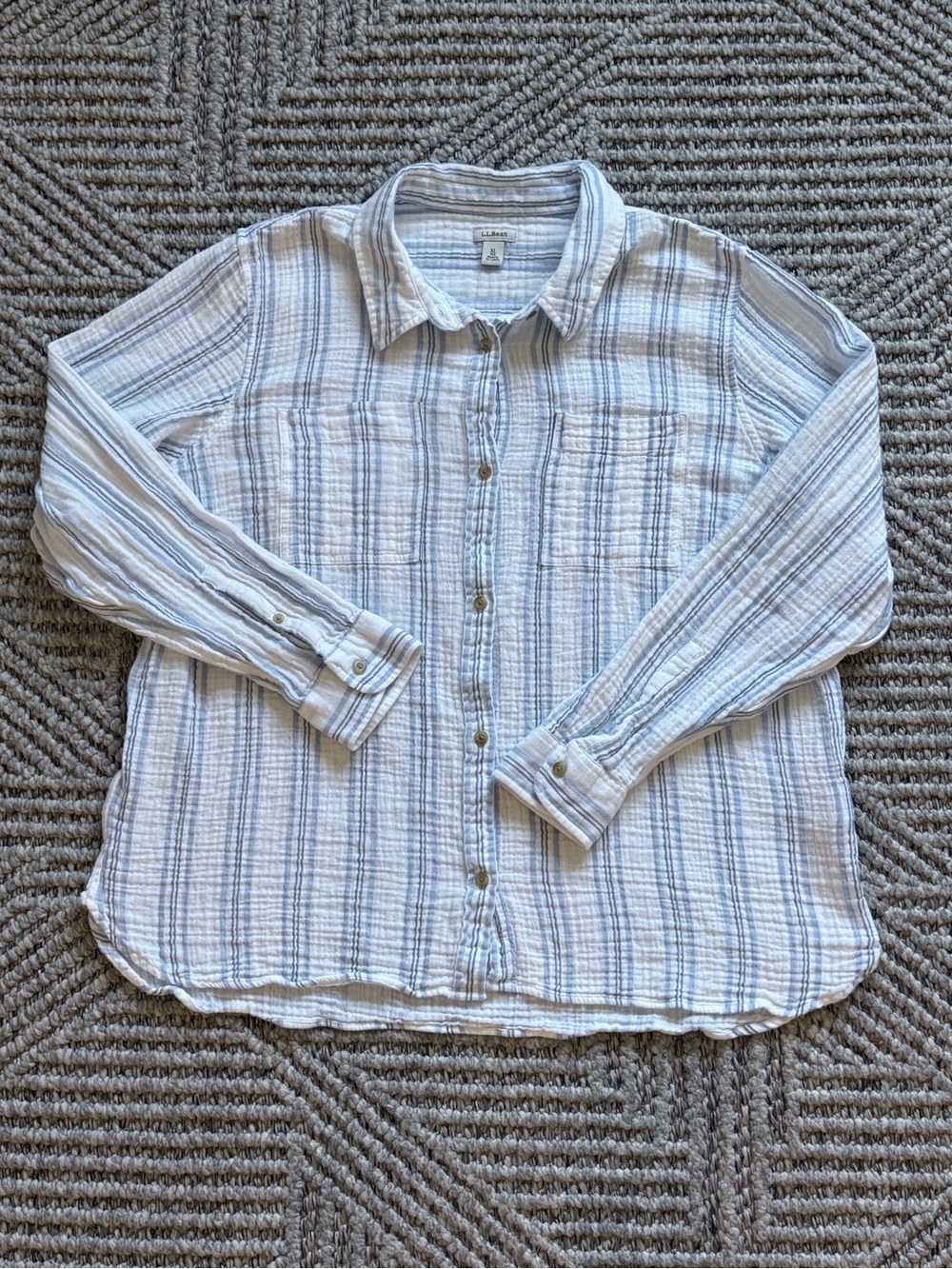 L.L. Bean White and Light Blue Striped Casual Button-Down Shirt